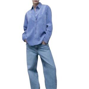 ZARA Fine-Waled Corduroy Oversized Blue Button-Up Shirt Size XS